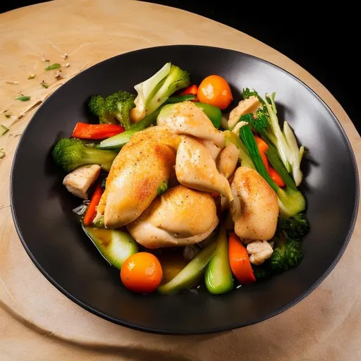 Prompt: Realistic image of the dish Ojakhuri with chicken and vegetables on a black background.