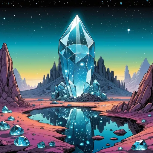 Prompt: Asymmetric Alien crystal landscape dotted with transparent glowing crystals, with a giant leaning crystal in the background, in the style of Moebius, comic book style