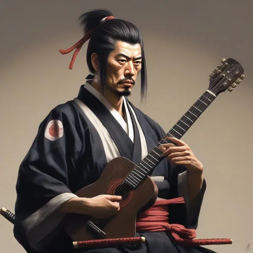 Prompt: a realistic portrait from musashi holding a guitar ins format of katana  

