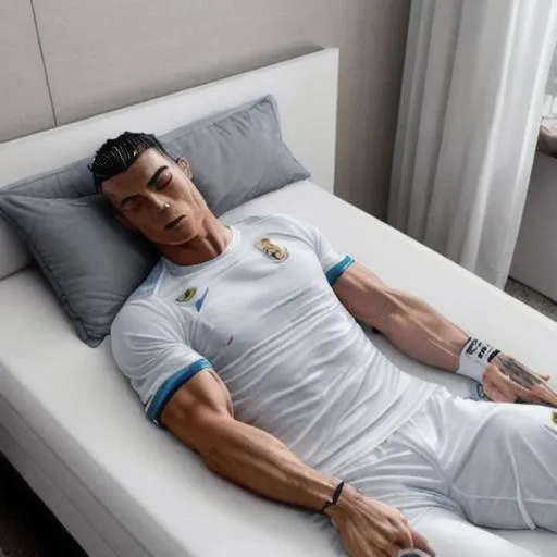 Prompt: Cristiano Ronaldo sleeping in his bed