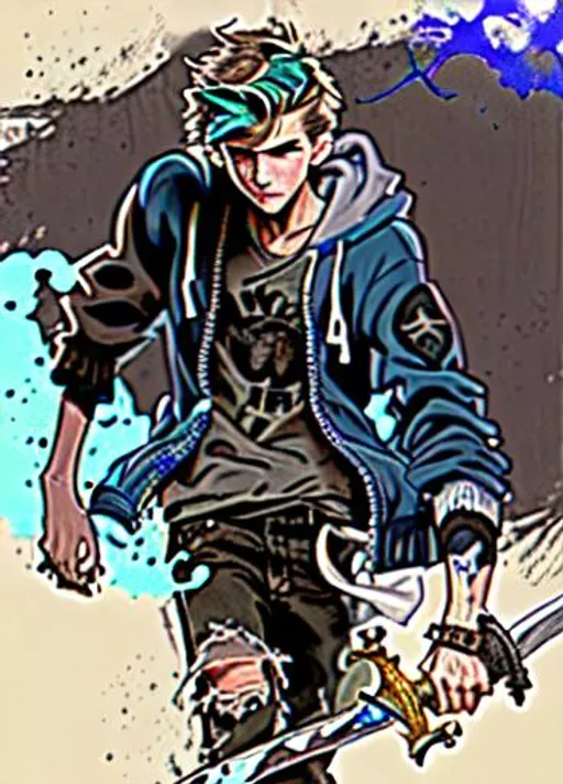 Prompt: Demon arm and sword torn clothes Young beautiful handsome 13 year old lightbrown short hair (short haircut)+ hair covering eye straight messy hair boy kid Cole Sprouse boyish boy pretty boy hot boy robust eyelashes bluegreen eyes, art, artstation, concept art, character design realistic artstyle (white tanktop)+ underneath knitted torn darkblue grayblue hoodie