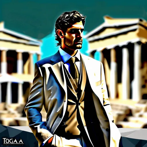 Prompt: The subject is a Greek person in a business suit with a toga as an overcoat. They are elegant, blending ancient and modern aesthetics. The environment is a bustling city street, juxtaposing ancient ruins and contemporary buildings. The mood is a mix of sophistication and historical reverence. The artistic medium is a digital illustration, combining realism and stylized elements. Artists like Salvador Dali, Giorgio de Chirico, and the Surrealist movement inspire this concept. Camera settings: Digital camera, high resolution.