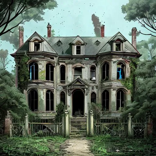 Abandoned mansion, exterior, ruined gates, broken wi... | OpenArt