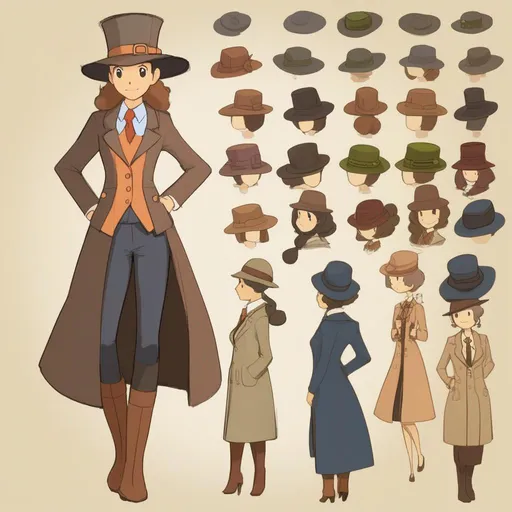 Prompt: professor-layton-style character concept art for a woman character