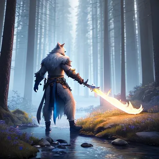 Prompt: Oil painting, landscape,  
ultra-realistic, 3d lighting, perfect composition, unreal engine 8k octane, 3d lighting, UHD, HDR, 8K, render, HD, 

highly detailed, camera  far away from the character, visible full body, 

ethereal, unnatural albino cute werewolf in a cute holding a blue flaming sword and dagger pose resembling the Druid from Diablo 2 character, with big claws, a small tail, rear wolf limbs fibulas and hocks, and (white and golden armor) with pauldrons, standing at the top of a lush hill in a dark forest at a red full moon's night, fighting infernal monsters.

Landscape, (Masterfully crafted Glow, pale blue lens flare) behind