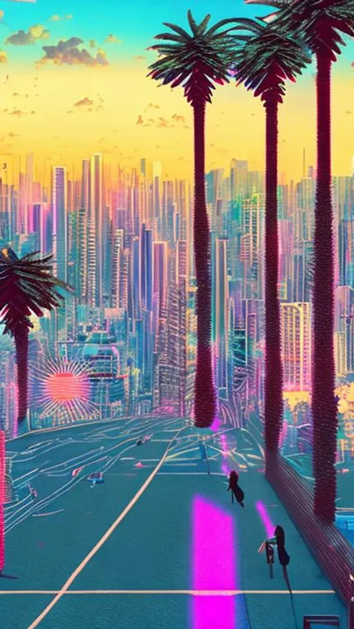Prompt: vaporwave city, neon lighting, beautiful sunset, palm trees, Retro, high quality, 4k, visible sun, no clouds