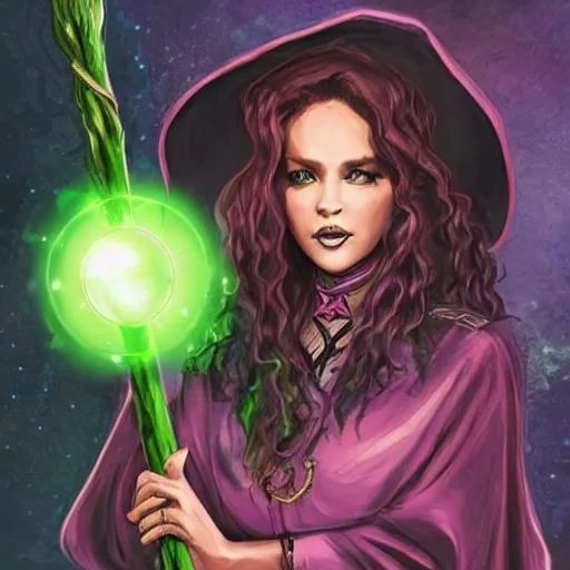 Prompt: d&d, beautiful woman, wearing wizard robes, holding a staff with a green glowing orb, a witch's hat, and high heeled boots.