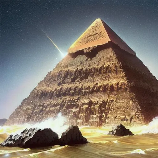 Prompt: a great wave floods the great pyramid. meteorites in the sky