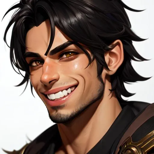 Prompt: a portrait of a handsome male goblin, wild tangled black hair. olive skin tone, chaotic, exaggerated grin showing human teeth, wide face, slight and wiry, digital art, popular on Artstation