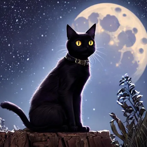 Prompt: A black cat sits under the full moon in a starry night sky, hyperdetailed features, photorealistic, high quality, trending on artstation