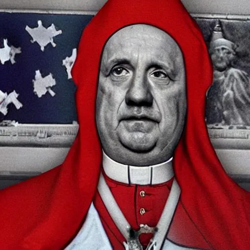 Prompt: hyper realistic hyper real vatican pope with hitler mustash and 666 drawn in red ink on forehead in red ink  in front of upsiodedown american flag mark of beast on skin inside the vatican federal reserve