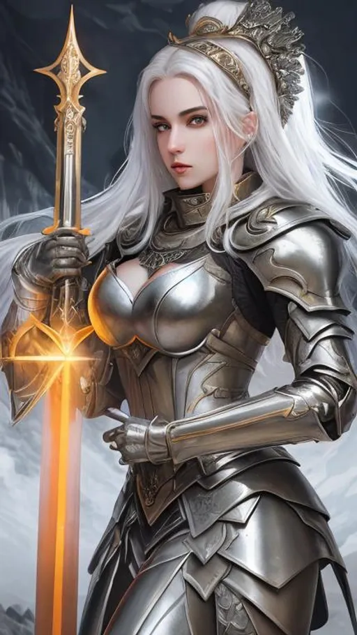 Prompt: a beautiful pale woman with white hair in silver crusader armor rests on her sword in the middle of a dark crater filled with glowing gold crystals. the sky is dark and she is surrounded by glowing orange mist. Behance hd,