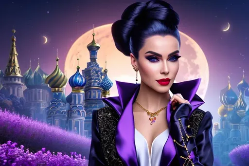 Prompt: head-on, surreal cartoon, high fashionista walking toward viewer, Stunning, glossy portrait of a stunning woman with lavender white hair pulled back into a bun, she is dressed like a Russian princess, metallic black fabric fabric, dramatic jewelry, dramatic necklace with a tiny dagger that looks real, background is architecture lit by the moon,  trending on artstation