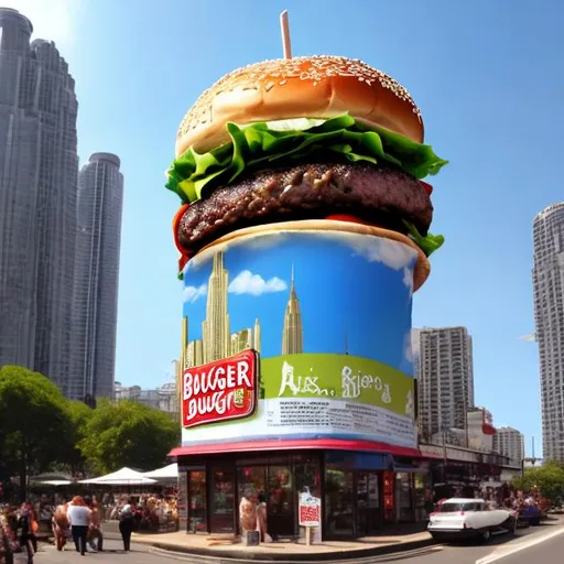 Prompt: a burger that is bigger than a sky scraper


