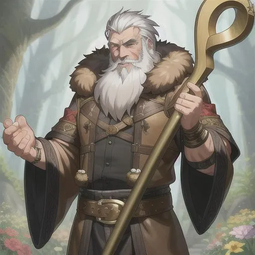 Prompt: an old druid wearing leather and fur with silver hair and a thick beard he maybe old but he's strong with a large staff decorated with snake skins, feathers, moss, and flowers