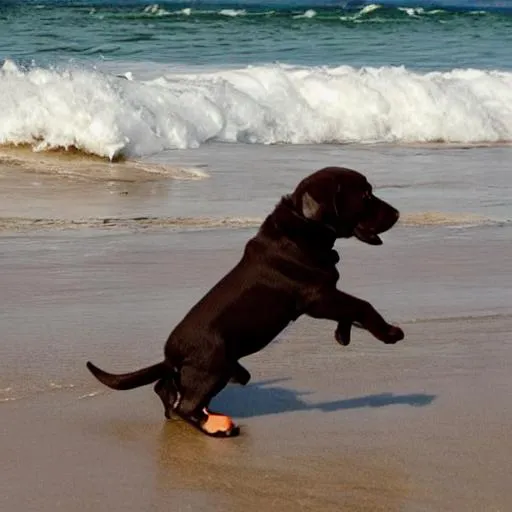 Prompt: Beach with big waves and chocolate lab puppy running into the wave  