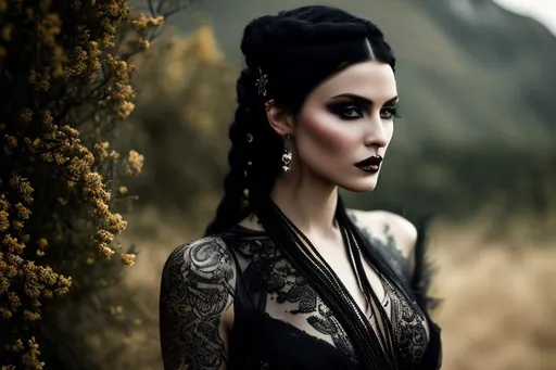 Prompt: Beautiful, Enigmatic, tattooed, Lilith, wearing a black sheer tattered dress, at the paramo, hyperrealistic, hyperdetailed, 16K, close-up, perfect composition, ambient light, textured skin, by Floria Sigismondi.