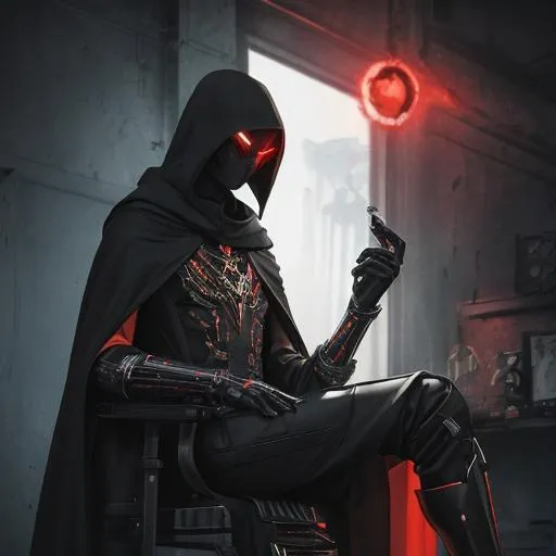 Prompt: An abnormally tall and lanky humanoid hunched over in nanotech armor with spines and metal protrusions. He has a black cape and is sitting ominously on a floating mechanical chair. His face is covered with a metal mask with beady glowing red eyes under a black hood. behance HD