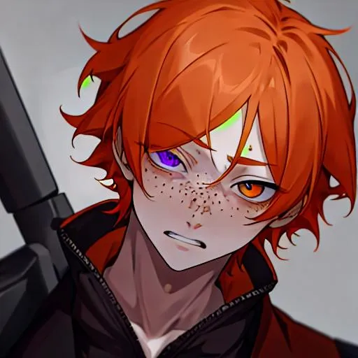 Prompt: Erikku male adult (short ginger hair, freckles, right eye blue left eye purple) UHD, 8K, Highly detailed, insane detail, best quality, high quality, 