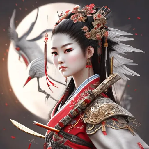 Prompt: Chinese warrior princess, dressed in a red kimono, white crane behind her. Perfect detailed face beautiful face, simetrical lines, realistic 3d