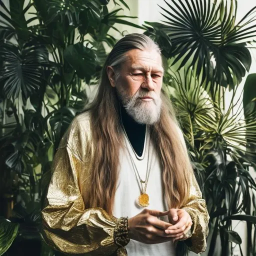 Prompt: Norwegian DJ with long hair and a long beard. He is wearing a black turtle neck and gold necklace. Danish modern house with tropical plants. He is wise and old.