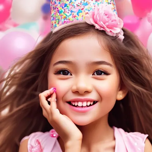 Prompt: Girl celebrating her birthday very happily, detailed face features, 8K, glossy skin, fair skin, baby pink theme