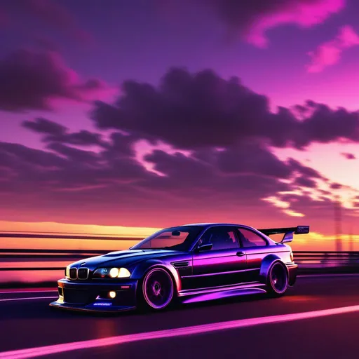 Prompt: 2001 BMW M3 E46 GTR, synthwave, aesthetic cyberpunk, miami, highway, dusk, neon lights, coastal highway, dusk, neon lights, coastal highway, sunset, drift, nurburgring