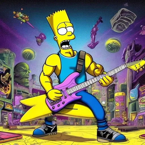 Prompt: Bodybuilding Bart Simpson playing guitar for tips in a busy alien mall, widescreen, infinity vanishing point, galaxy background