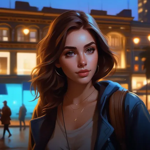Prompt: Third person, gameplay, Brazilian girl, pale skin, light brown hair, brown eyes, 2020s, smartphone, Downtown São Paulo, at night, Banespa Building, foggy, blue atmosphere, cartoony style, extremely detailed painting by Greg Rutkowski and by Henry Justice Ford and by Steve Henderson 


