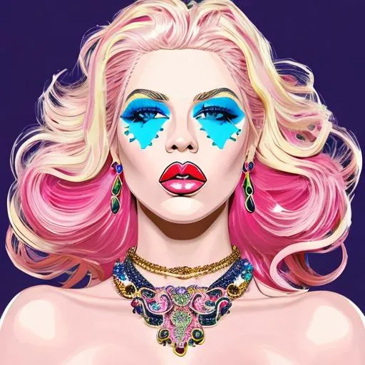 Prompt: A model lady, huge full lips, blonde and pink hair, blue eyes, jewels and ornate metals, pop art, colorful, hyperdetailed, gloss, amazing, glossy