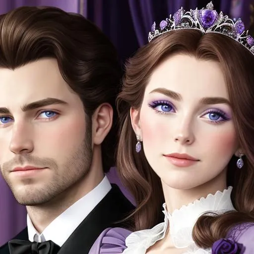 Prompt: European prince and princess wearing purple, facial closeup