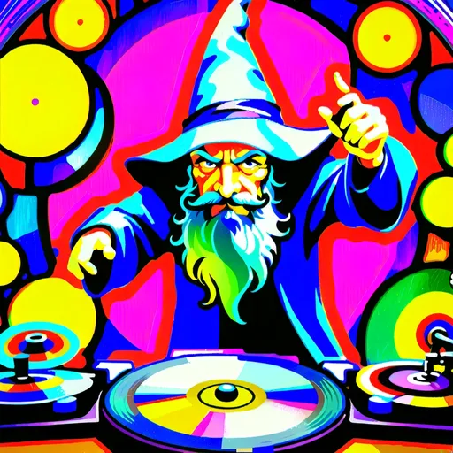 Prompt: Wizard, with a long gray beard, smiling, wearing bluish/purplish clothes, wearing a pointed wide-brimmed wizard hat, standing behind a set of turntables, scratching record with one hand, surrounded by colorful lights, surrounded by abstract lifeforms, detailed, vivid colors, dramatic, graphic novel illustration, 2d shaded retro comic book