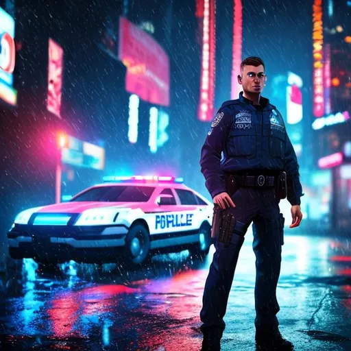Prompt: Cyberpunk policeman american white male 30 Years old  police car lights on raining 
Pistol 