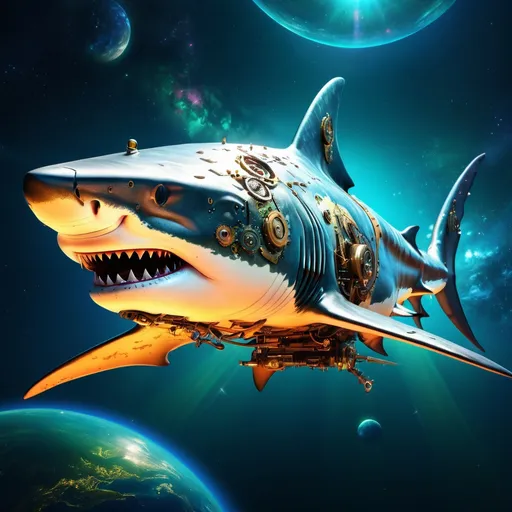 Prompt: Intricate illuminated sparkling metal steampunk shark swims in space, breathtaking borderland fantasycore artwork by Android Jones, Jean Baptiste monge, Alberto Seveso, Erin Hanson, Jeremy Mann. maximalist highly detailed and intricate professional_photography, a masterpiece, 8k resolution concept art, Artstation, triadic colors, Unreal Engine 5, cgsociety