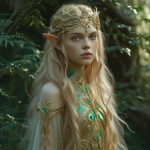 Prompt: Female elf royalty, elegant and regal aura, intricate ornate gown sparkling with emerald and gold accents, delicate silver tiara studded with gemstones, ethereal long flowing hair cascading down her back, poised posture radiating strength and grace, lush green forest background dappled with sunlight, lush foliage and ancient trees, mystical ambiance, enchanting atmosphere, charming and captivating, ultra-detailed, 4K quality.