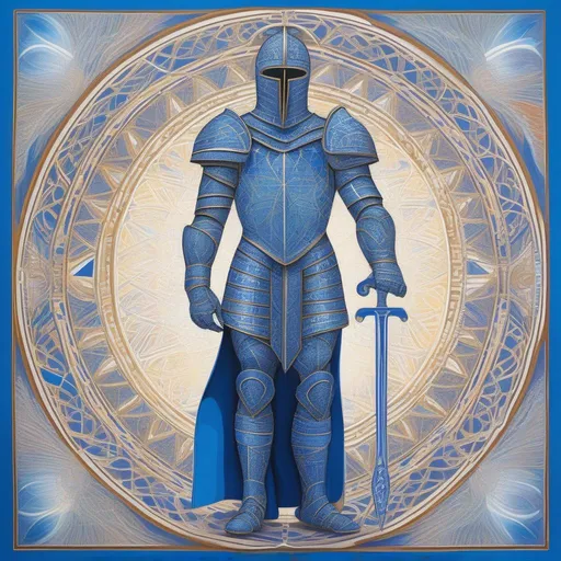 Prompt: Knight is wearing a triadic blue and white color palette. The sacred geometric background is backlit in the style of Alex Grey.