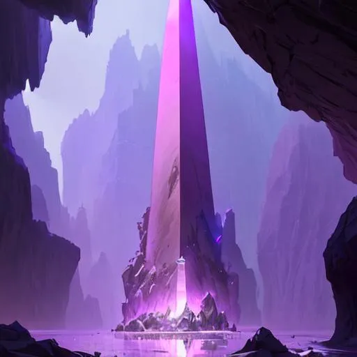 Prompt: cavern, Giant purple obelisk, crystal, fantasy, greg rutkowski, trending on artstation by makoto shinkai, stanley artgerm lau, wlop, rossdraws, concept art, digital painting