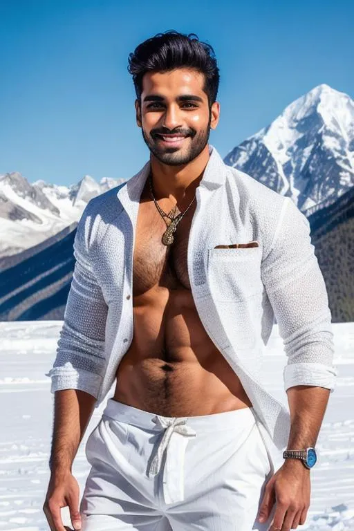 Prompt: portrait of "handsome delhi rugged army hunk", "open shirt", "hyperreal detailed face", with smile,  on white snow mountain,dhoti, "feet", arena, perfect composition, hyperrealistic, super detailed, 8k, high quality, trending art, trending on artstation, sharp focus, studio photo, intricate details, highly detailed