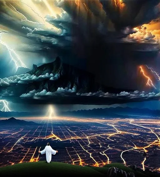 Prompt: Jesus Christ stands defiantly. A big city next to a valley. Over the valley hangs a dark, raging storm. Jesus Christ defiantly stands between the storm and the city with one hand stretched out.