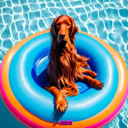 Prompt: A Irish SEtter dog on a pool floatie in a pool