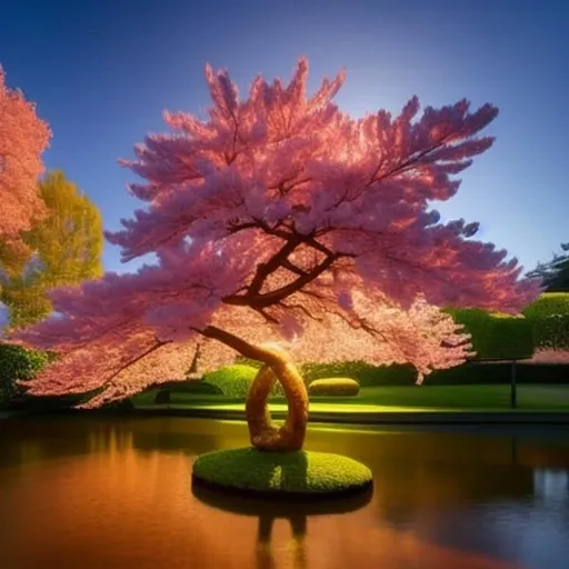 Prompt: a tree sitting on top of a lush green field, a picture by Tadashi Nakayama, shutterstock contest winner, environmental art, breath - taking beautiful trees, breath-taking beautiful trees, cherry-blossom-tree