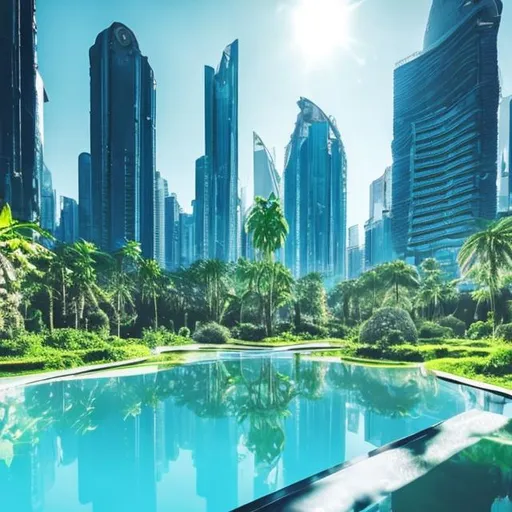 Prompt: Futuristic White city lush green plants blue sky reflection pool