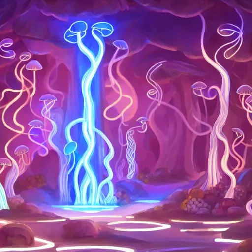 Prompt: luminescent runic columns, tall mushrooms, stream with a small waterfall, glowing vines, stary skies, solarpunk