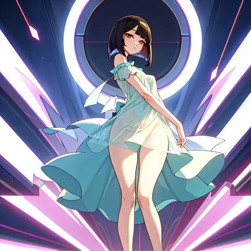 Prompt: a lonely AI girl, very tall, thick thighs, wide hips, huge glutes, long legs, arms, slender waist, big beautiful symmetrical eyes, intriguingly beautiful face, very sleepy aloof expression, symmetrical face, bob haircut with bangs, (wearing a delicate nightgown), 36K resolution, hyper-professional, impossible quality, impossible resolution, impossible detail, hyper output