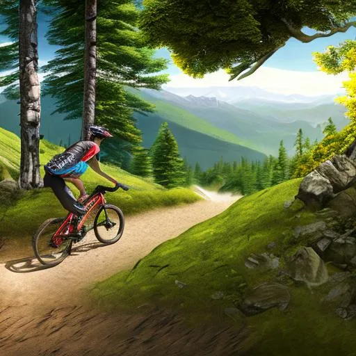 Prompt: mountain bike on trail, mountain bike leaning on tree, mountain bike drivetran facing out, photo realistic