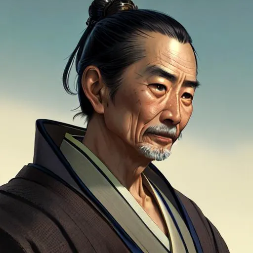 Prompt: realistic portrait of a feudal japanese male of 60 years old, Chonmage haircut, highly detailed, concept art, smooth, art by artgerm and greg rutkowski and alphonse mucha and simon stalenhag, ambient lighting, fantasy, full view, highly detailed face, sharp face, simple clothes, ugly evil face.