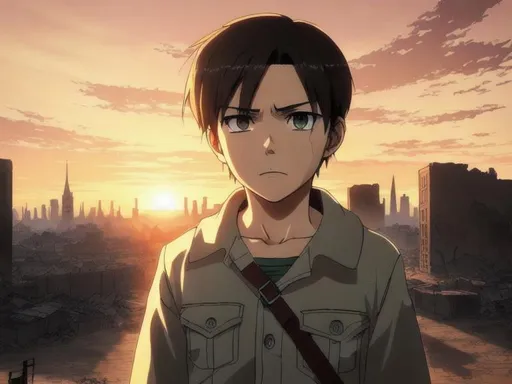 Prompt:  AOT art style, ruined city background, innocent kid, tears, sunrise, angry