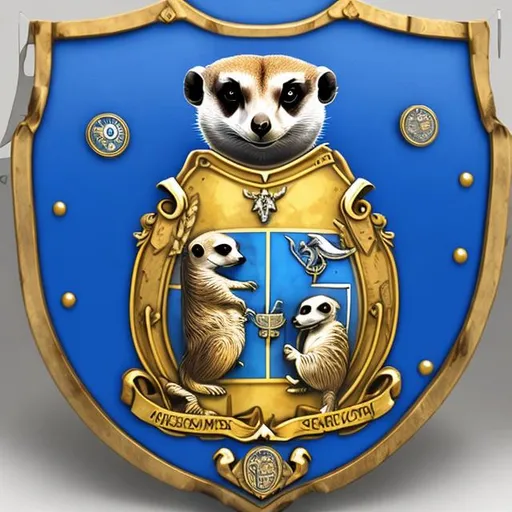 Prompt: Coat of arms, meerkat supports,  shield blue with coins and eyes