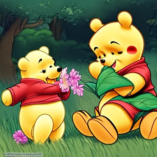 Prompt: Pooh giving flowers to pooh