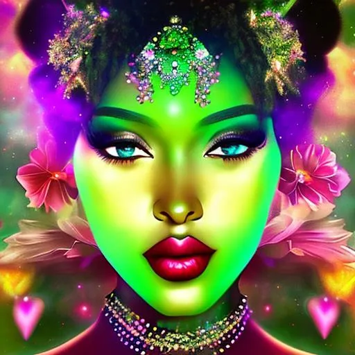 Prompt: Light green prism, cosmic, ethereal, fairy, black princess of light, closeup 